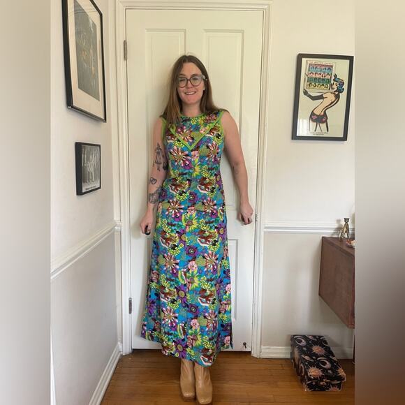 Vintage Dresses & Skirts - 70s Vintage Bright Floral Sleeveless Maxi Dress